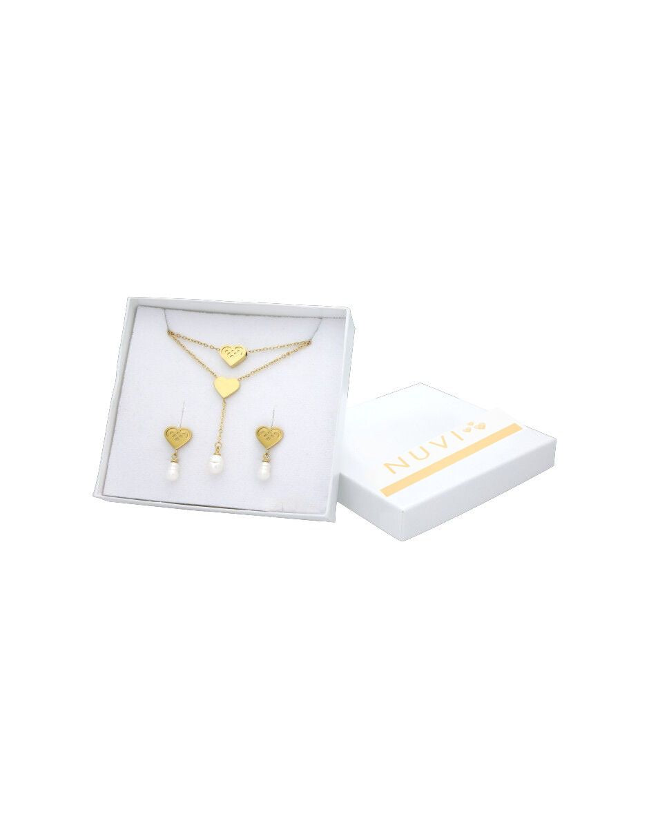 Collar y Aretes NUVI Doble Cadena Perlas
