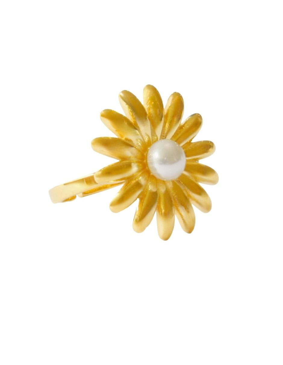 Anillo Ajustable Flor Con perlita Dorado