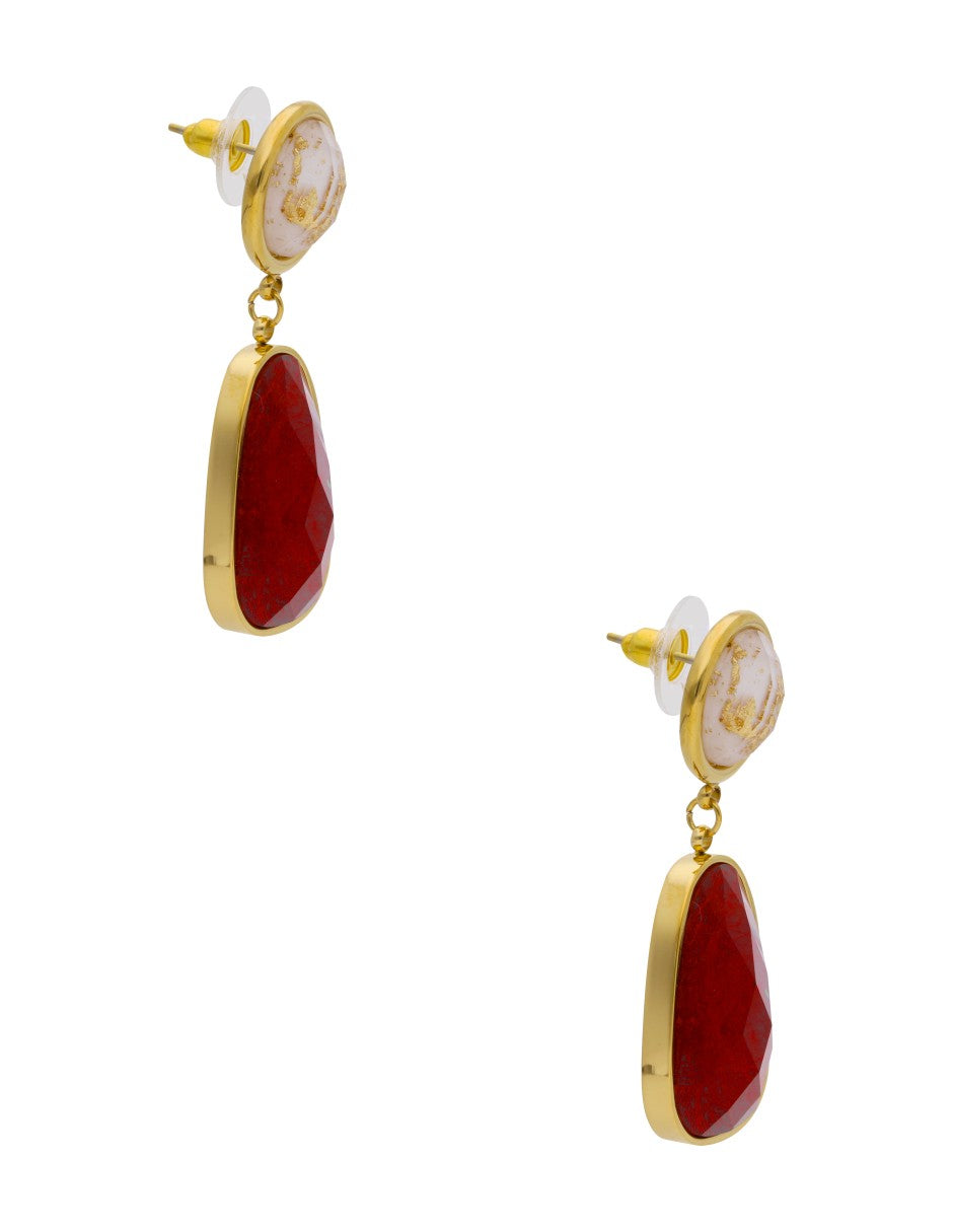 Arete Colgante Oval Rojo y Cristal Redondo