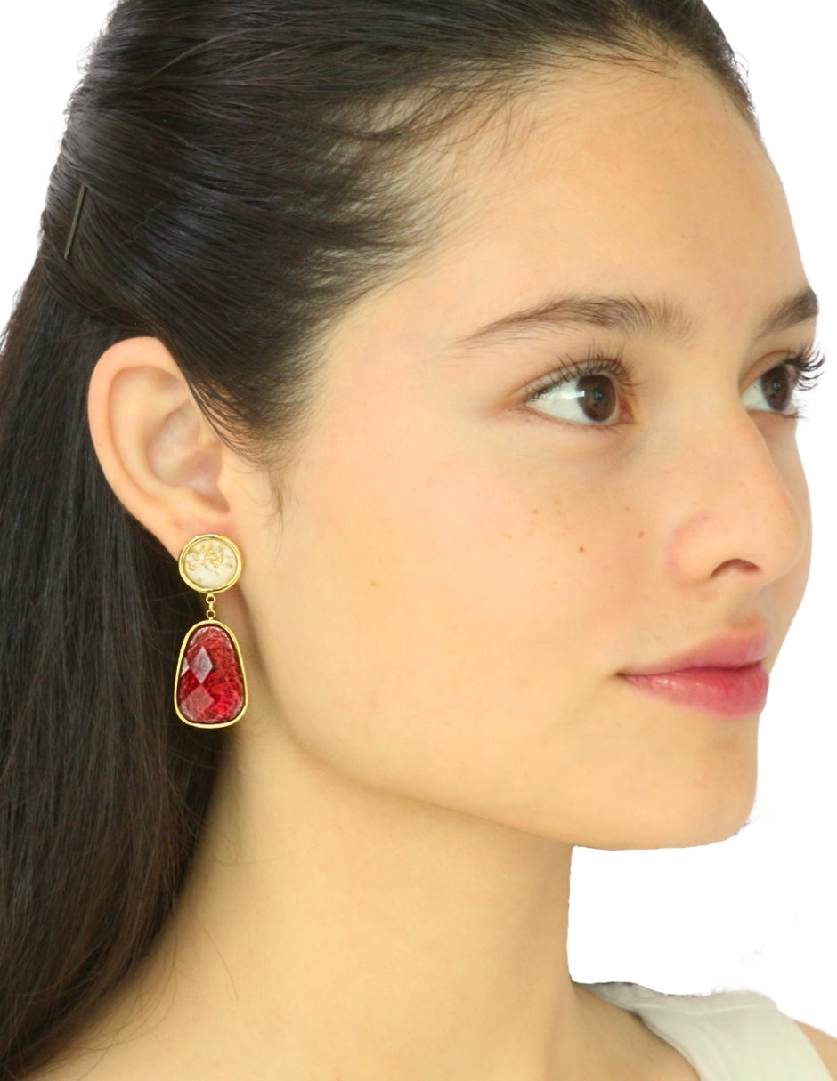 Arete Colgante Oval Rojo y Cristal Redondo