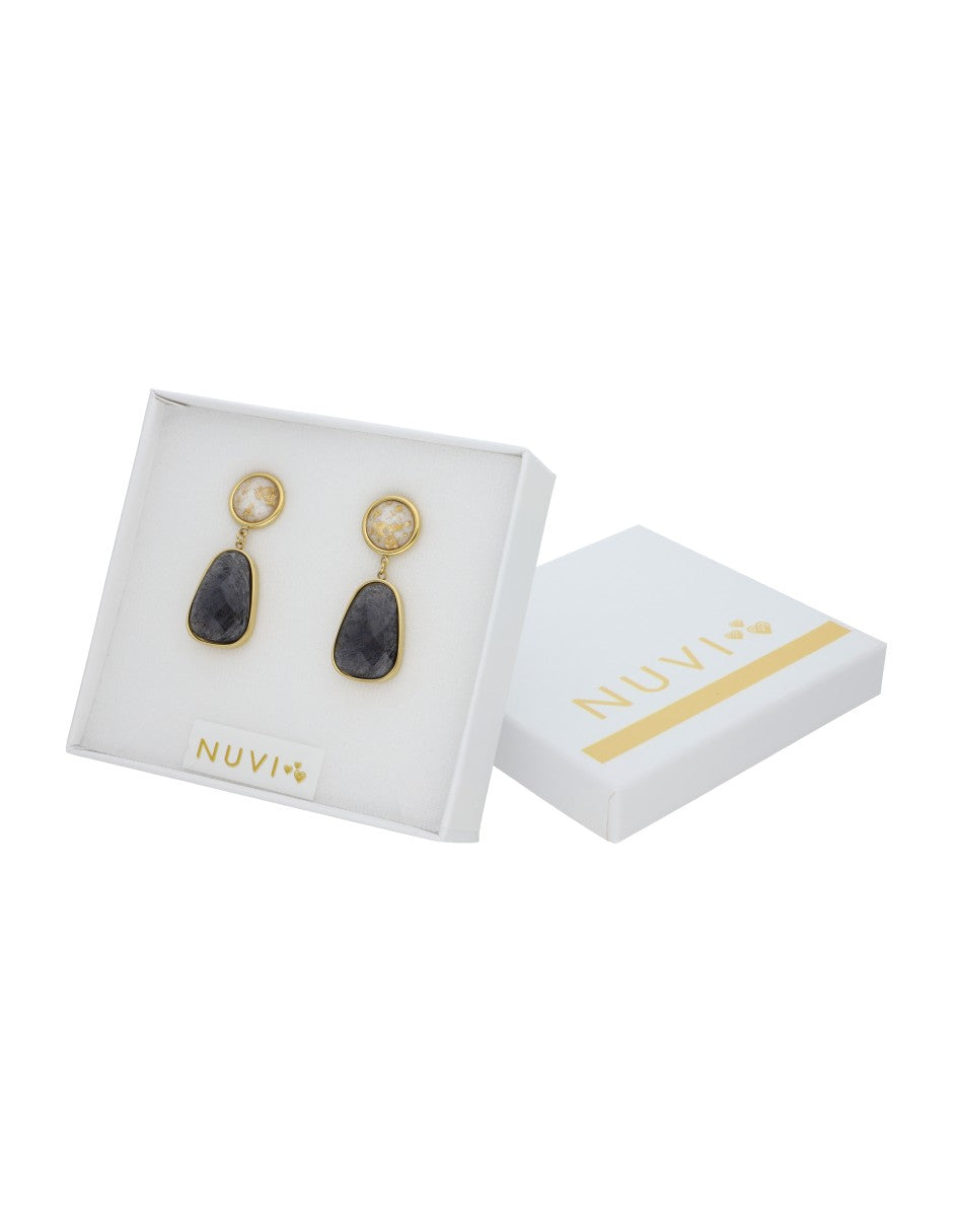 Arete Colgante Oval Negro y Cristal Redondo