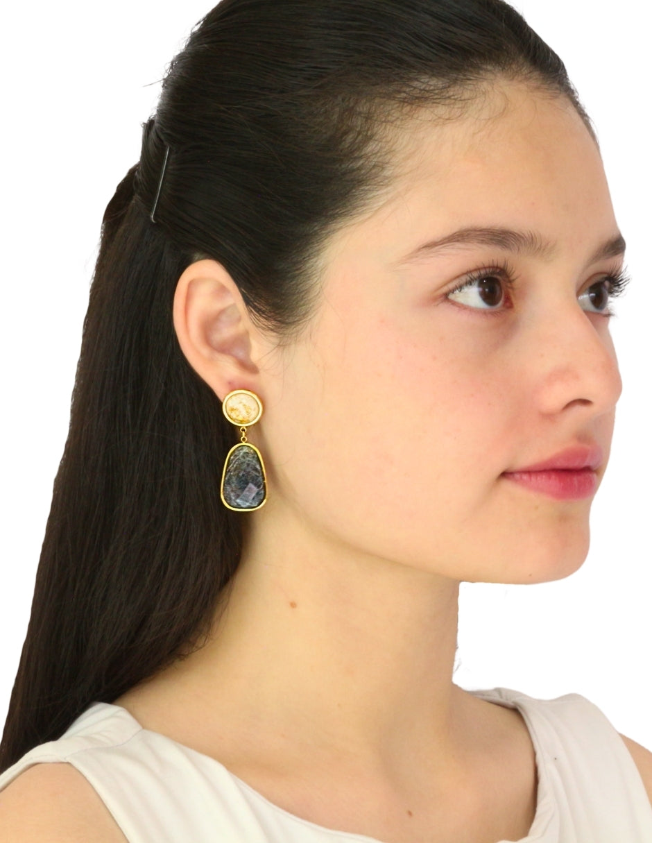 Arete Colgante Oval Negro y Cristal Redondo