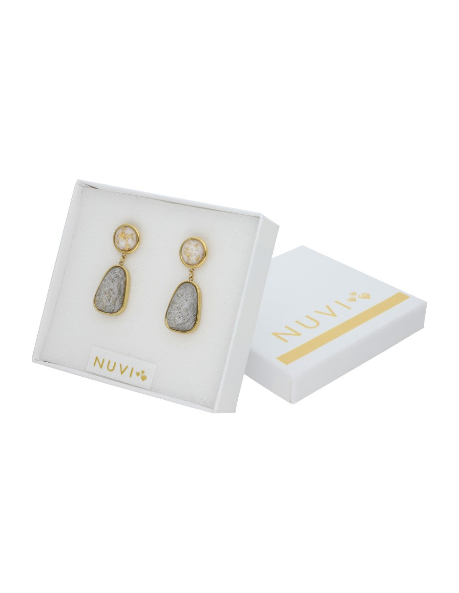 Arete Colgante Oval Gris y Cristal Redondo