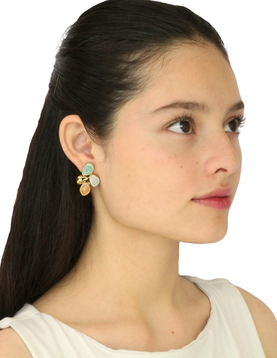 Arete Esmalte Asimetrico Varios Verde, Blanco, Naranja y  Dorado