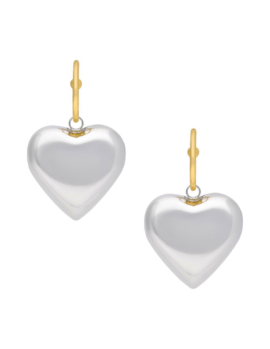 Arete Colgante Corazon Inflado Grande Bicolor