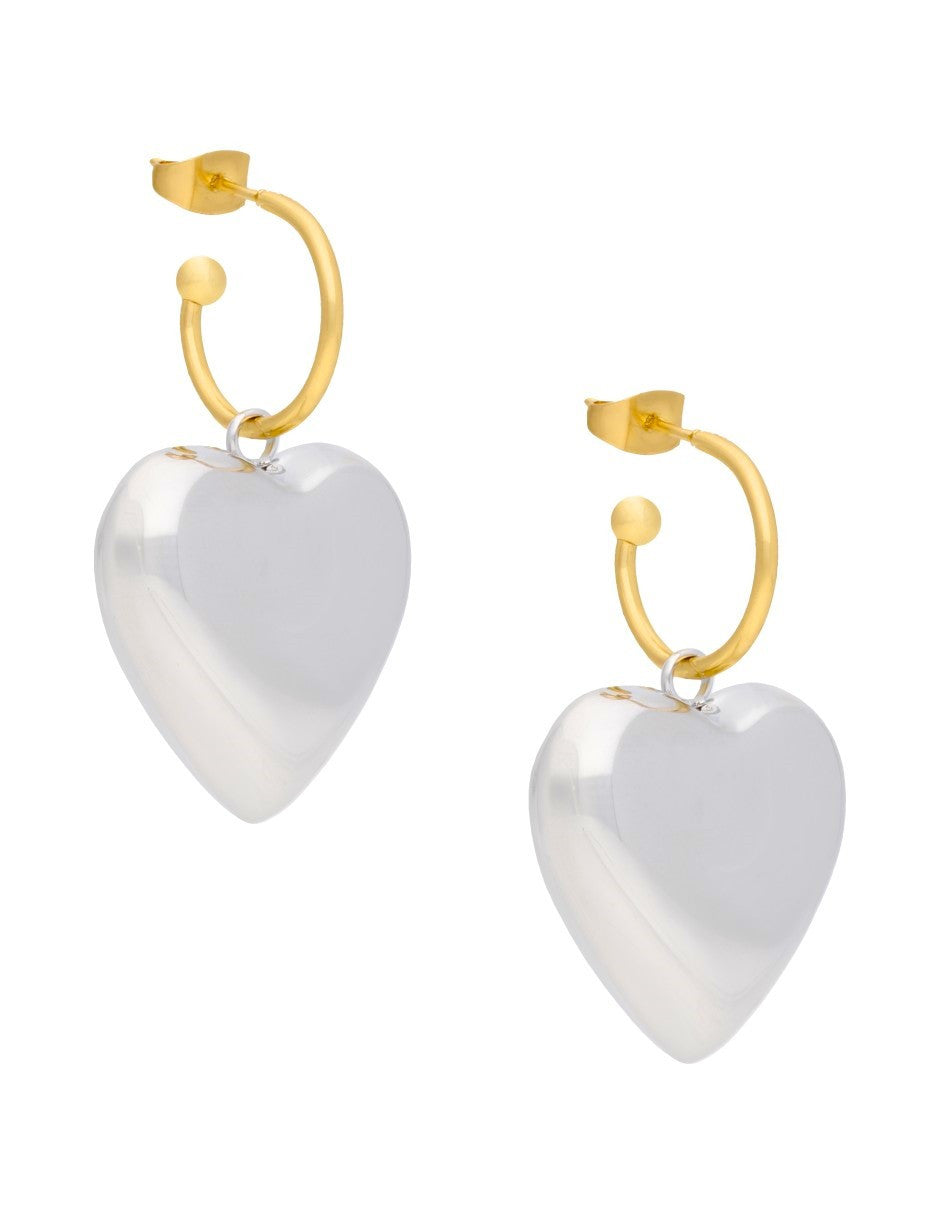 Arete Colgante Corazon Inflado Grande Bicolor