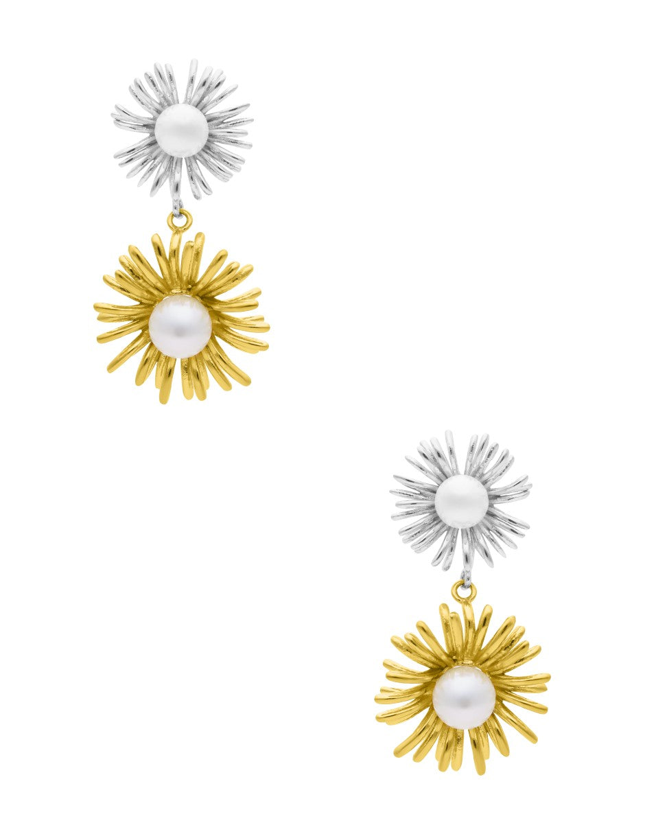 Arete Flor Doble con Perla Bicolor