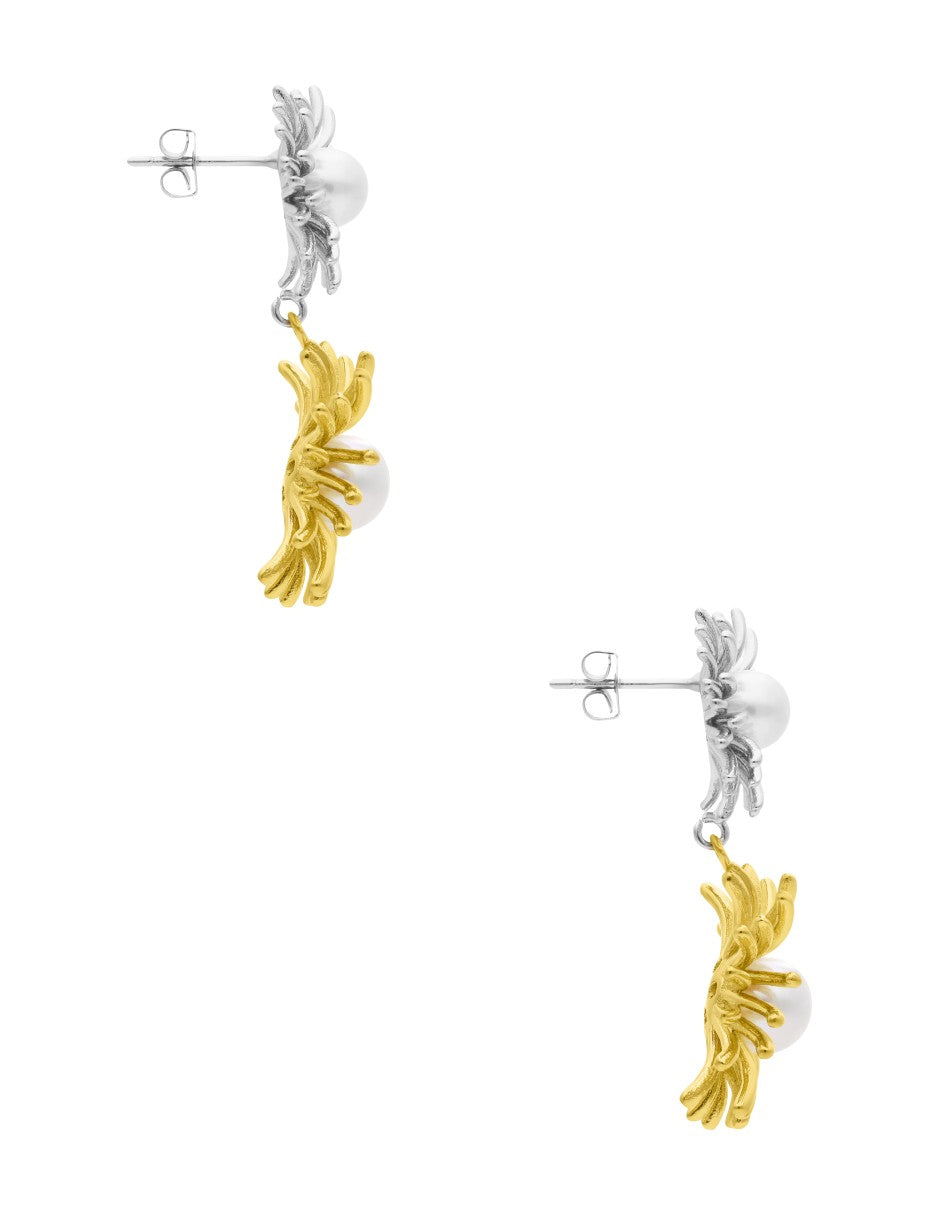 Arete Flor Doble con Perla Bicolor