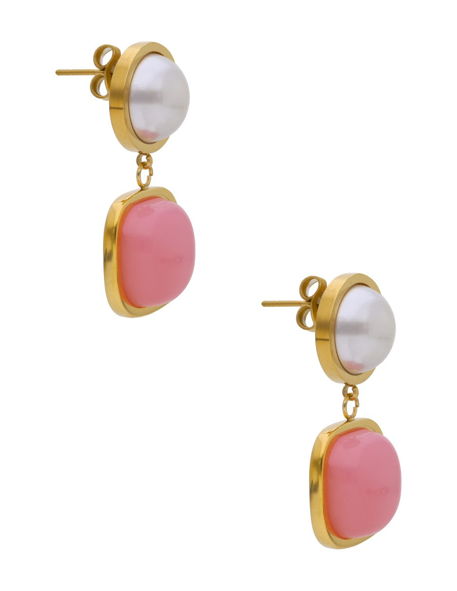 Arete Colgante Perla y Piedra Rosa