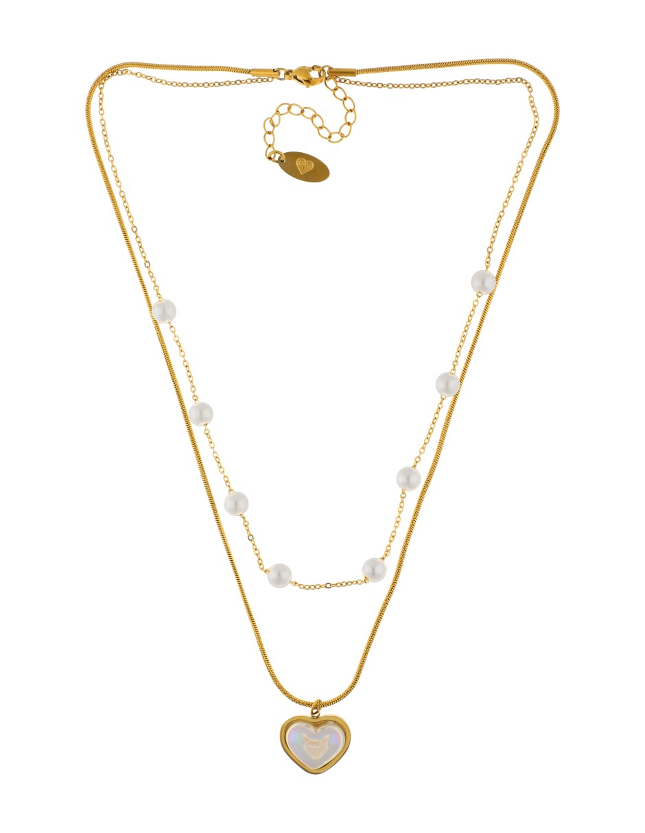 Collar Doble Cadena Perlas y Corazon