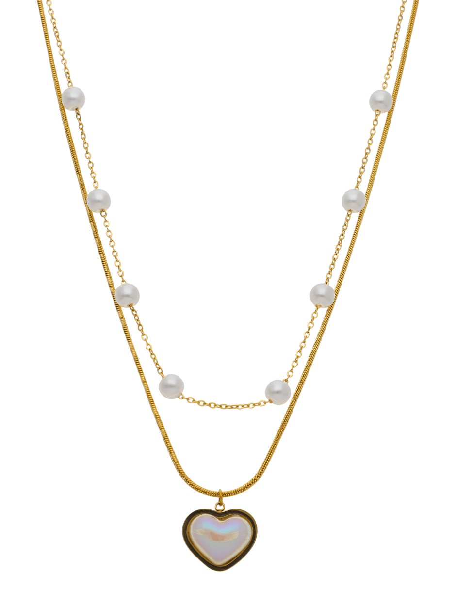 Collar Doble Cadena Perlas y Corazon