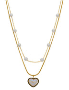 Collar Doble Cadena Perlas y Corazon