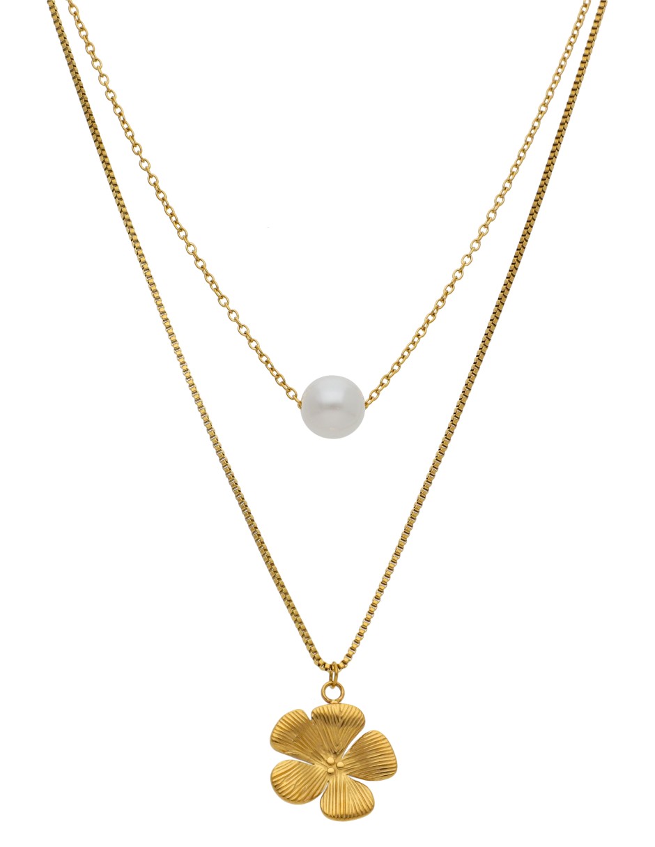 Collar Doble Cadena Flor y Perlita