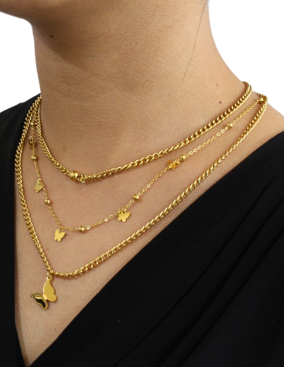 Collar Mariposa y balin triple cadena