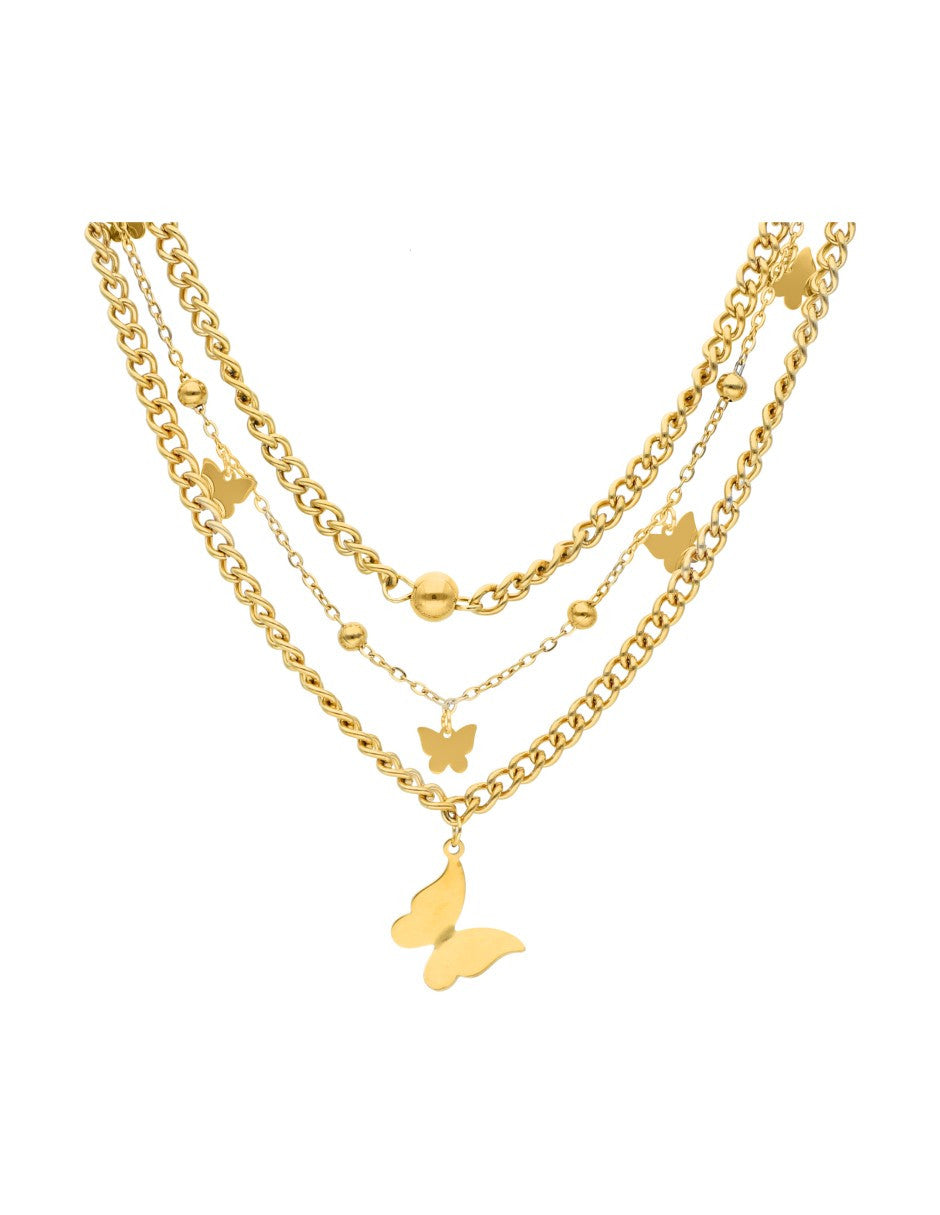 Collar Mariposa y balin triple cadena