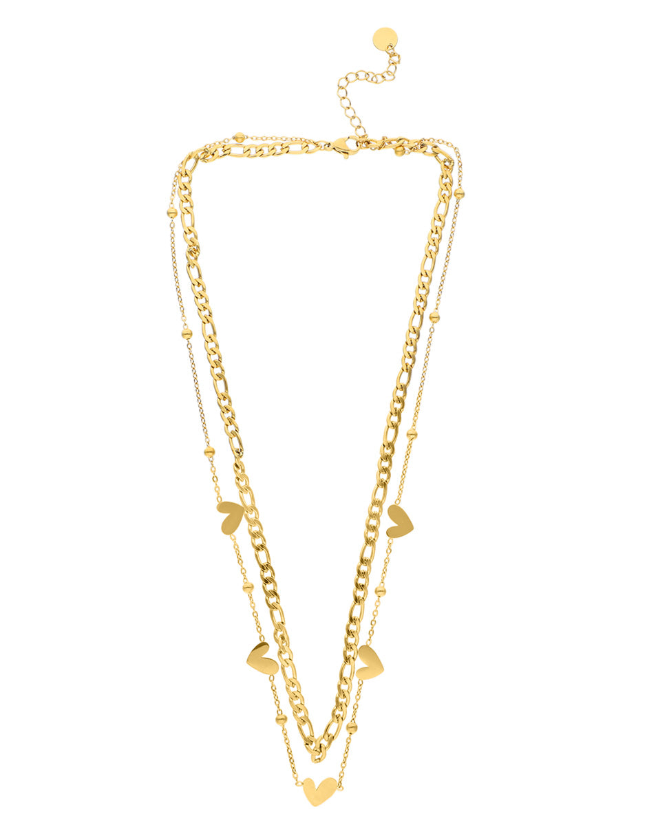 Collar Doble Cadena Barbada y Corazones
