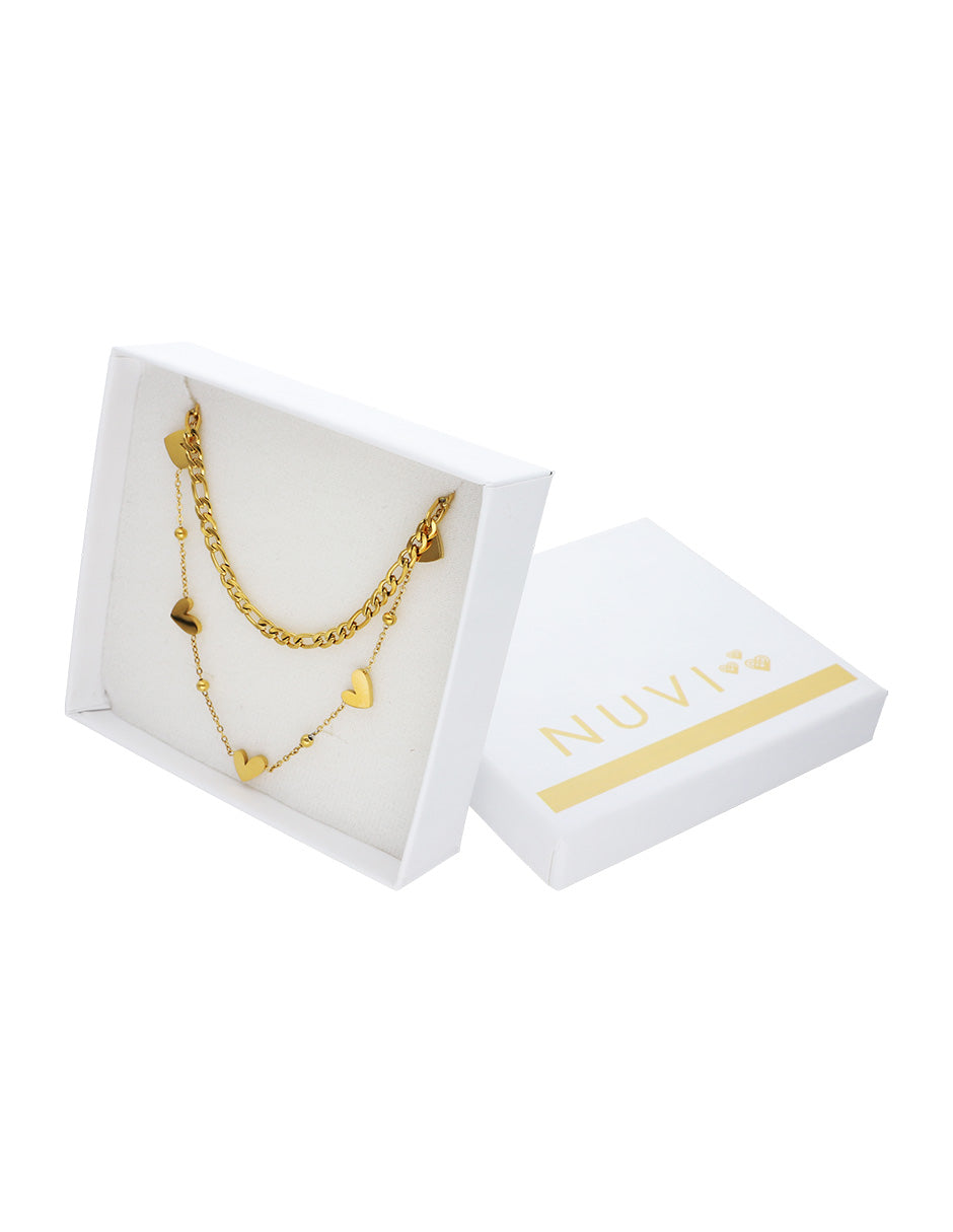 Collar Doble Cadena Barbada y Corazones