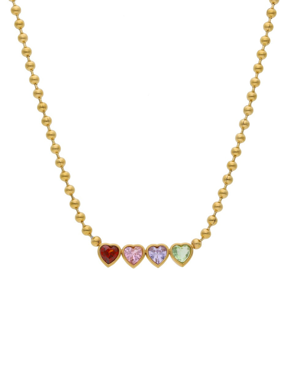 Collar Corto Acero Inoxidable Cadena Bolitas Corazones Cristal Colores Dorado