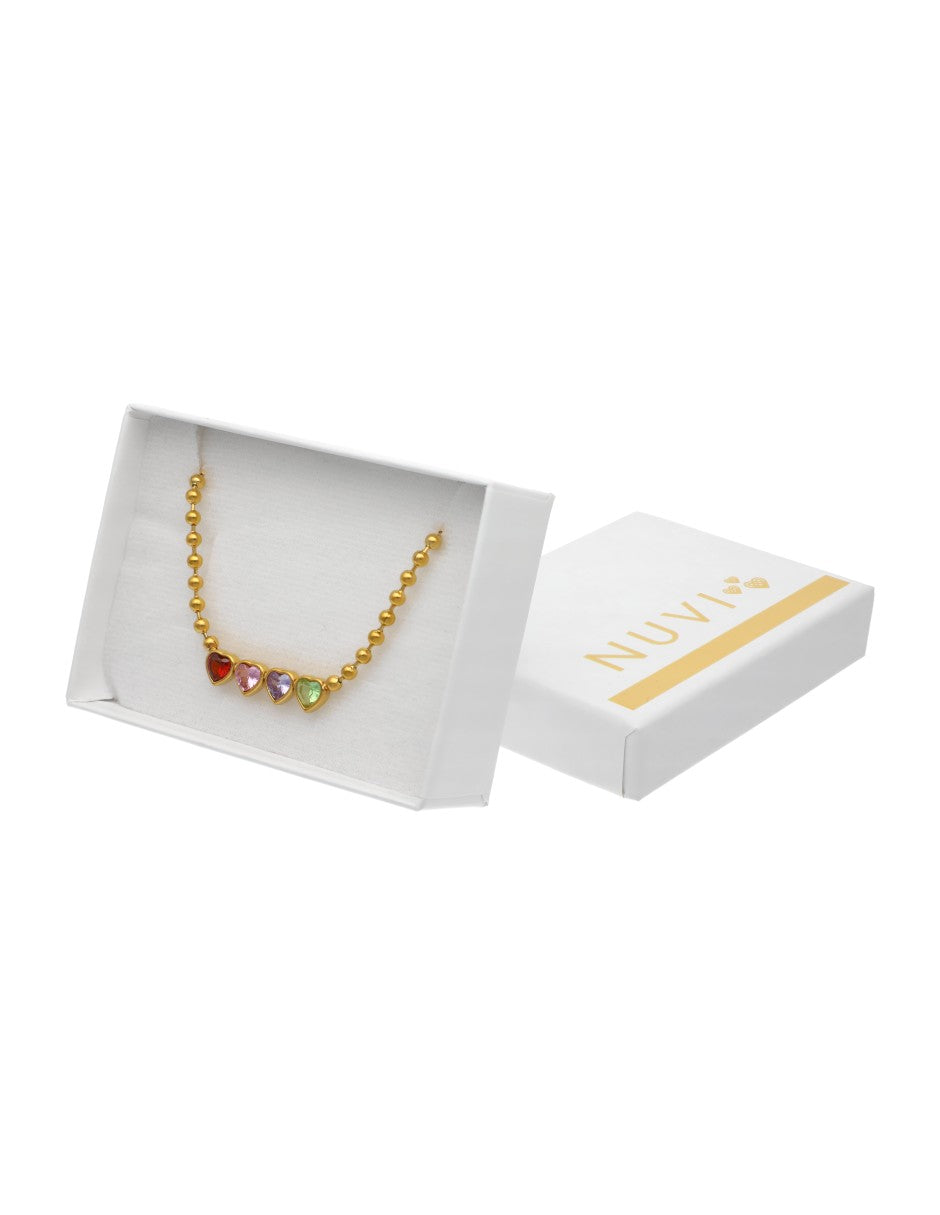 Collar Corto Acero Inoxidable Cadena Bolitas Corazones Cristal Colores Dorado