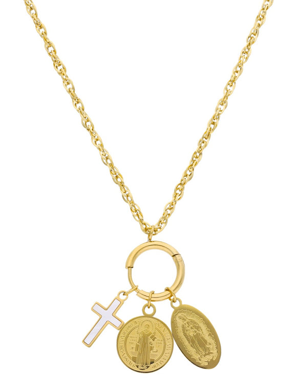 Collar Religioso 3 Dijes Cruz, Virgen, San Benito