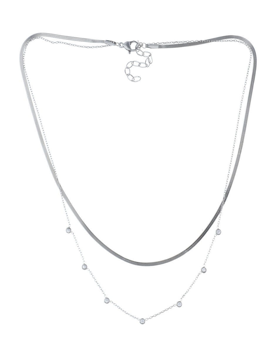 Collar Doble Cadena Plana y Cadena Cristales Blanco