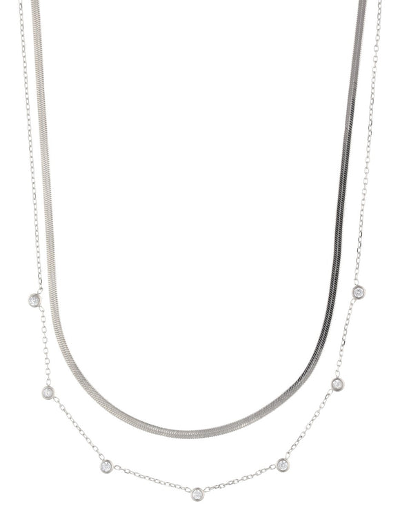 Collar Doble Cadena Plana y Cadena Cristales Blanco