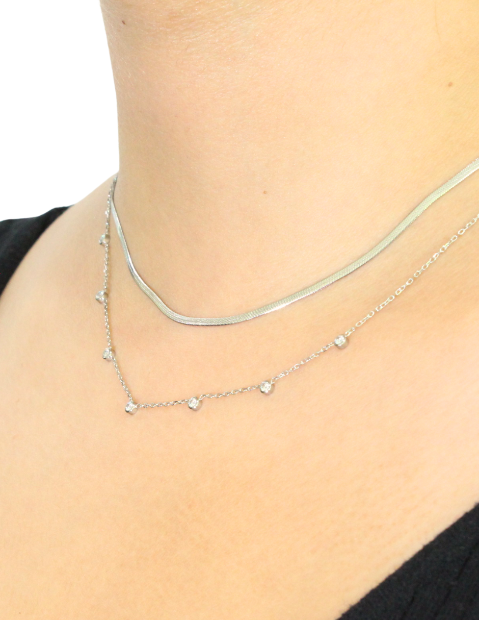 Collar Doble Cadena Plana y Cadena Cristales Blanco