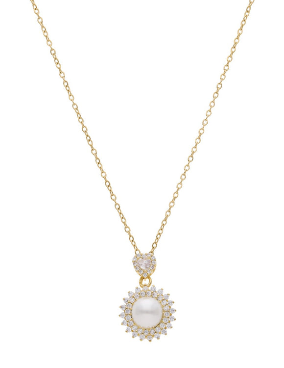 Collar Chapa Circulo Perla Contorno Cristales Dorado