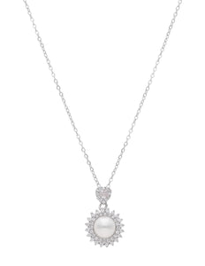 Collar Chapa Circulo Perla Contorno Cristales Plateado