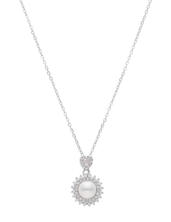Collar Chapa Circulo Perla Contorno Cristales Plateado