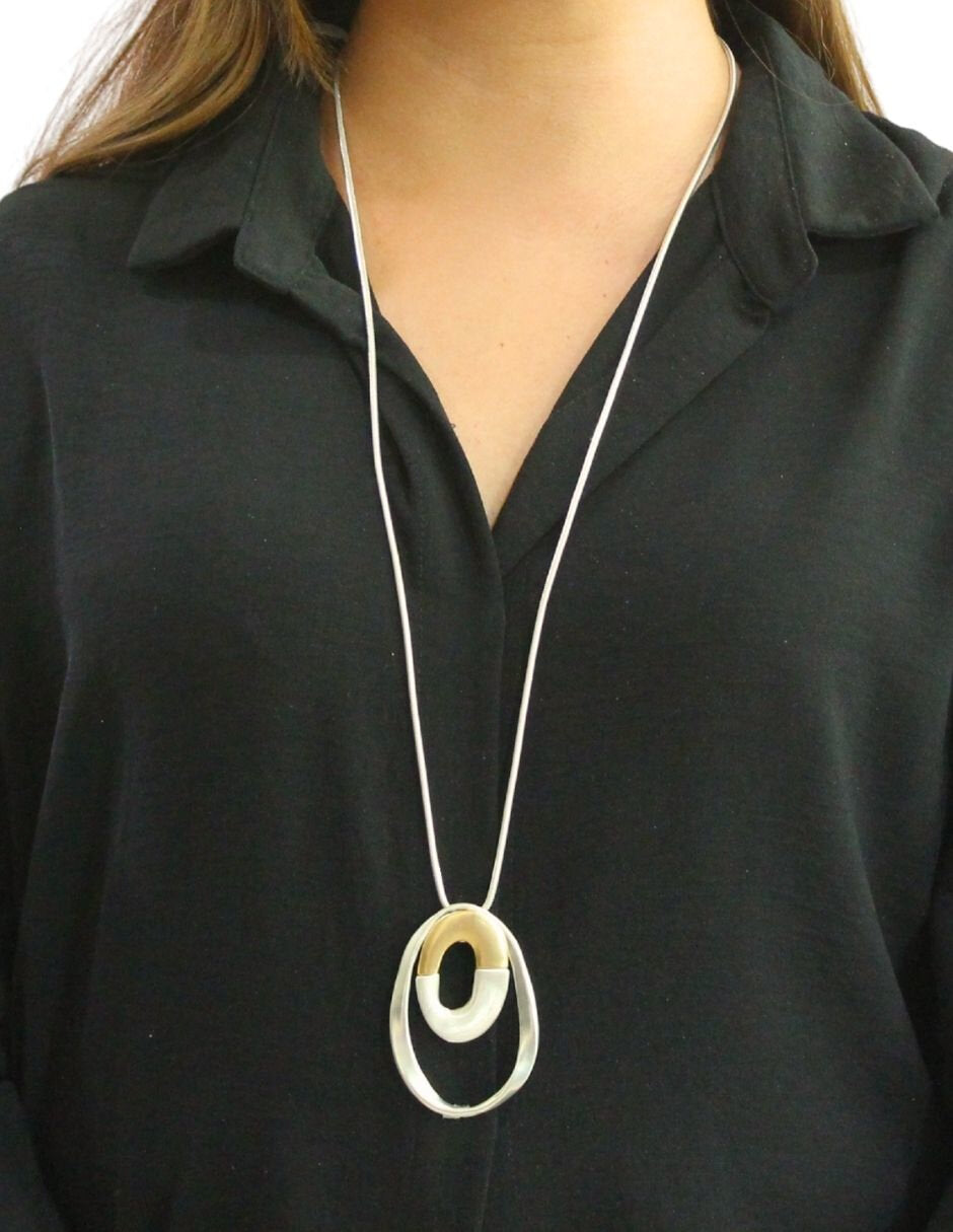 Collar Largo Chapa Correa Plateada Ovalos Atractos Bitono