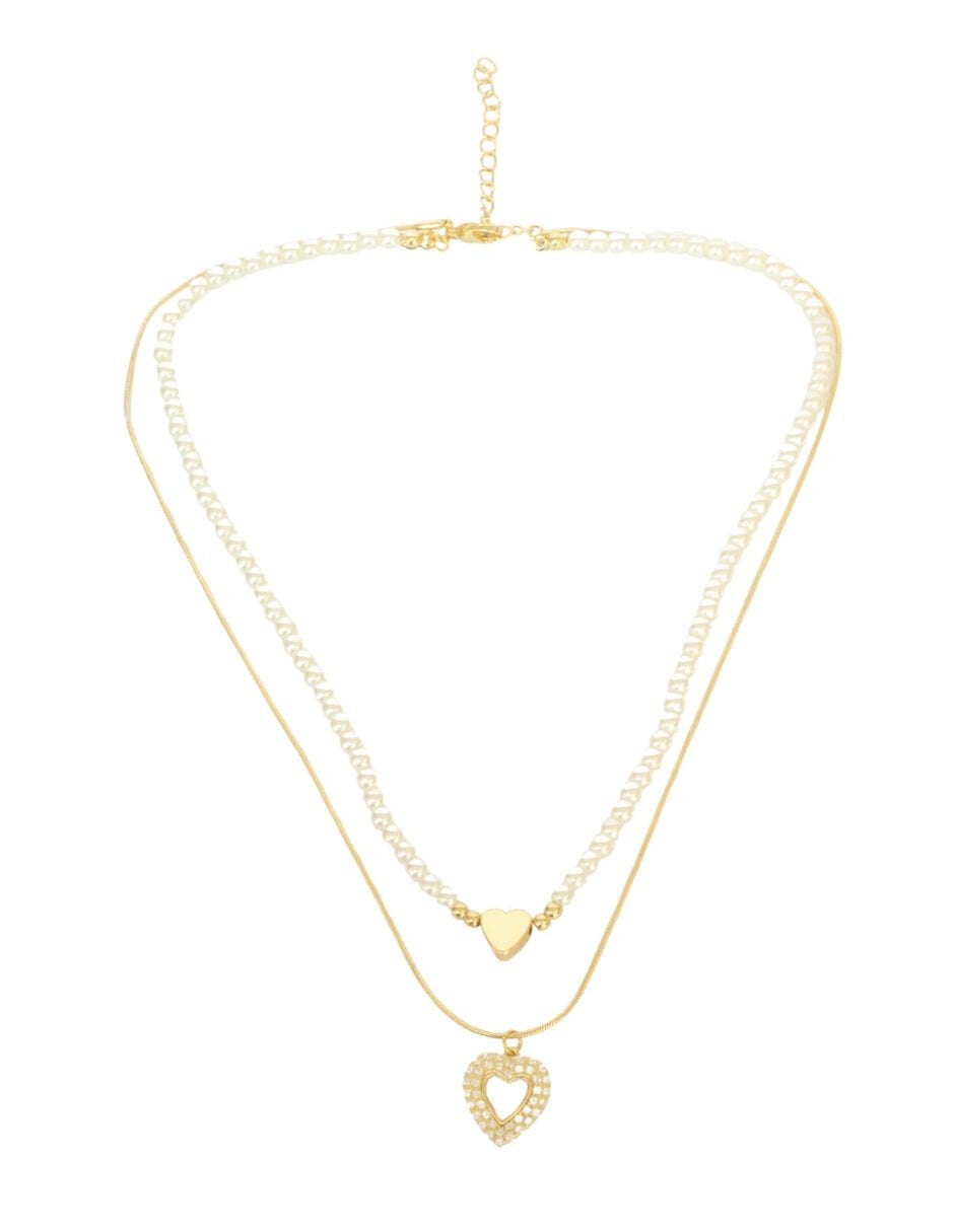 Collar Doble Cadena Perlitas Corazon y Corazon Cristales