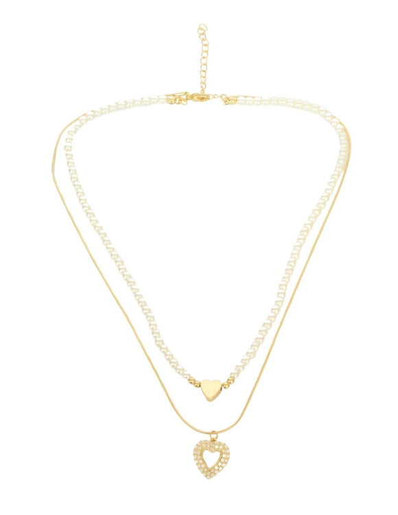 Collar Doble Cadena Perlitas Corazon y Corazon Cristales