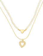 Collar Doble Cadena Perlitas Corazon y Corazon Cristales