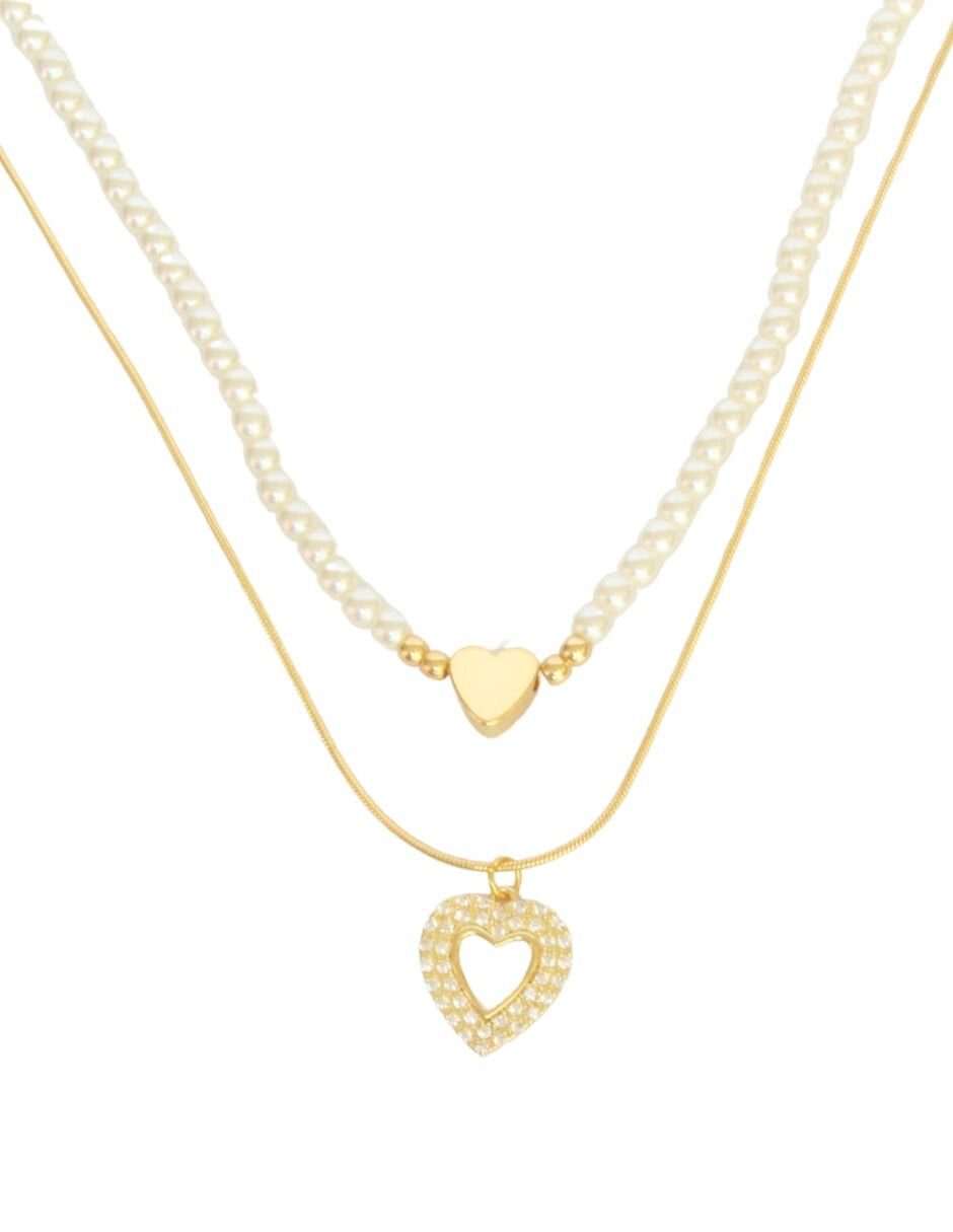 Collar Doble Cadena Perlitas Corazon y Corazon Cristales