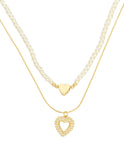 Collar Doble Cadena Perlitas Corazon y Corazon Cristales