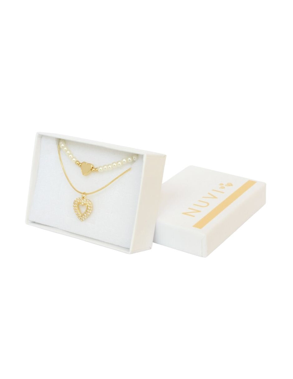 Collar Doble Cadena Perlitas Corazon y Corazon Cristales