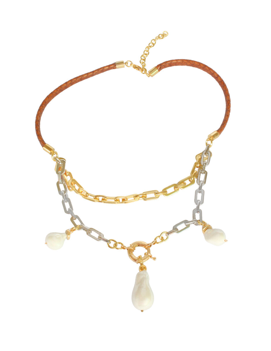 Collar Perlas doble cadena Dorado y Plateado