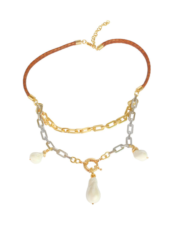 Collar Perlas doble cadena Dorado y Plateado