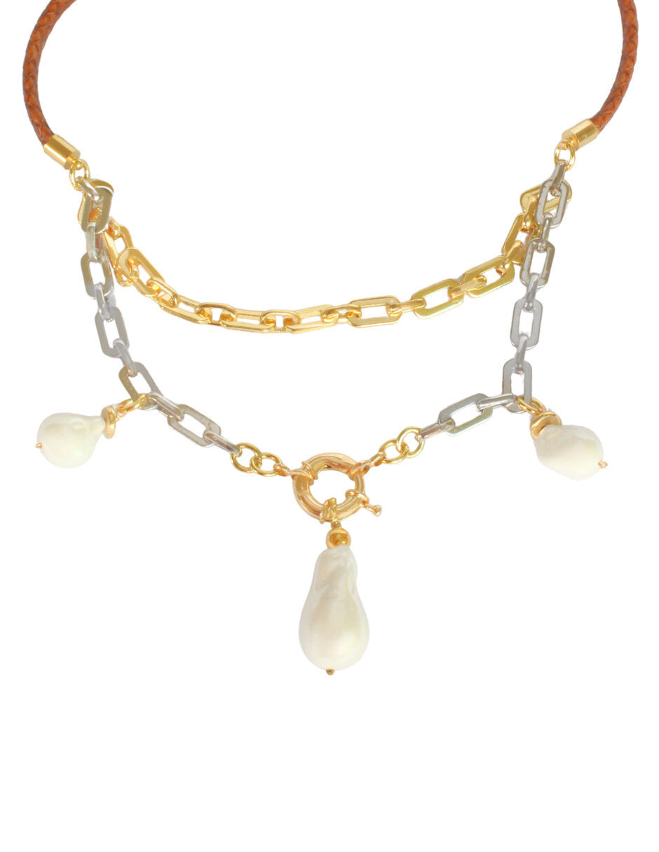Collar Perlas doble cadena Dorado y Plateado