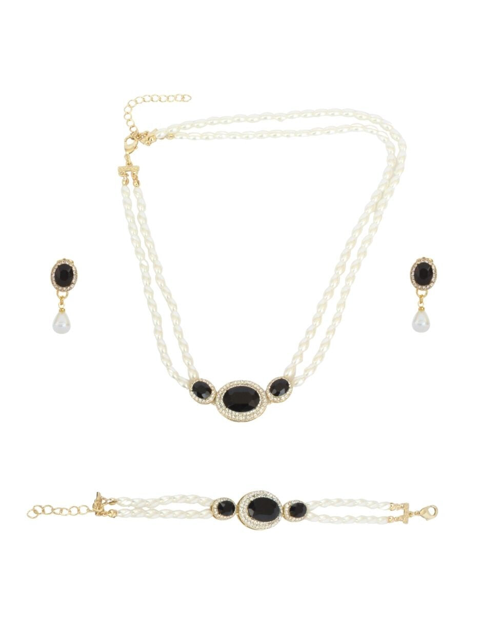 Collar, Pulsera y Aretes Chapa Perlas con Cristal Negro