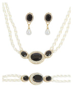 Collar, Pulsera y Aretes Chapa Perlas con Cristal Negro