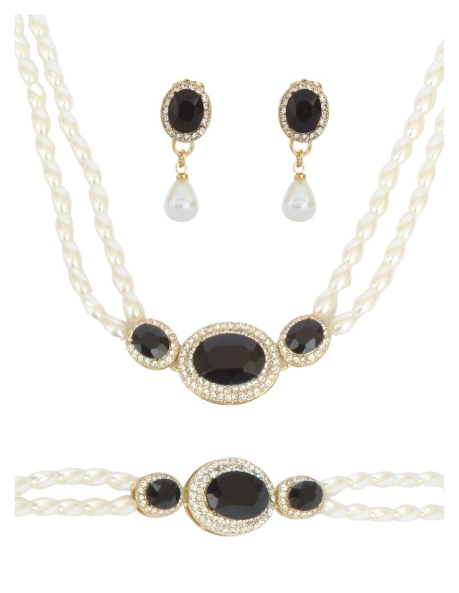 Collar, Pulsera y Aretes Chapa Perlas con Cristal Negro