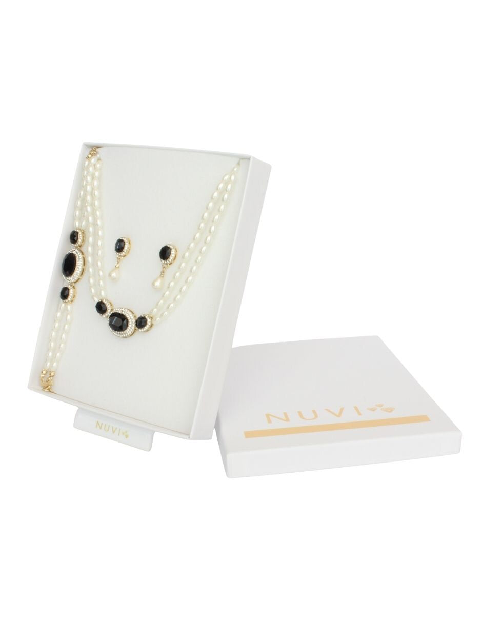 Collar, Pulsera y Aretes Chapa Perlas con Cristal Negro