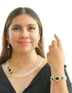 Collar, Pulsera y Aretes Chapa Perlas con Cristal Negro
