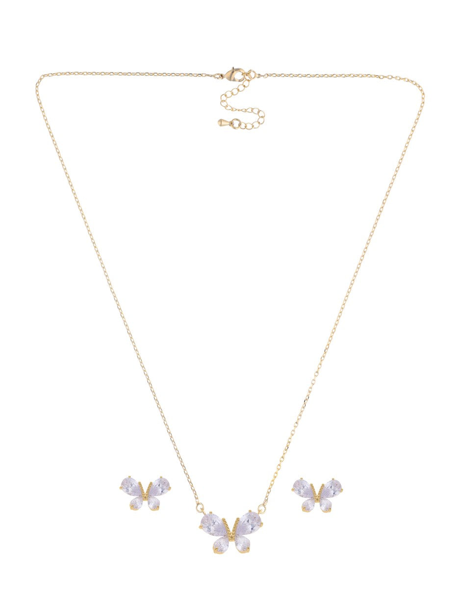 Collar y Aretes Chapa Mariposa Cristales Dorado