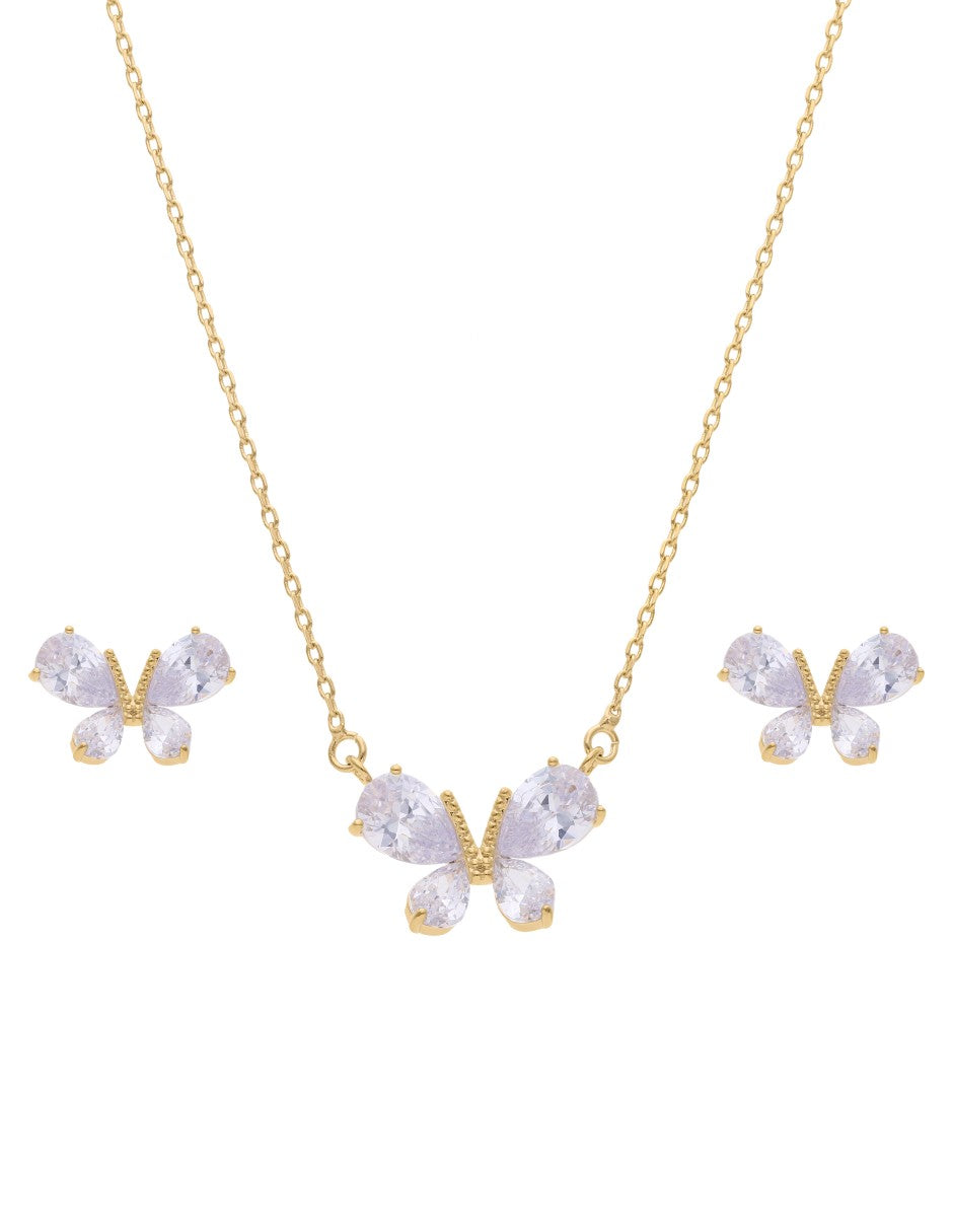 Collar y Aretes Chapa Mariposa Cristales Dorado