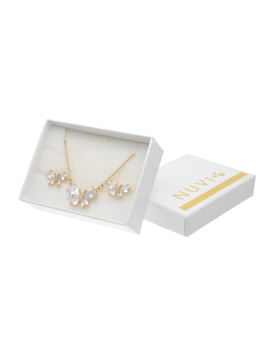 Collar y Aretes Chapa Mariposa Cristales Dorado