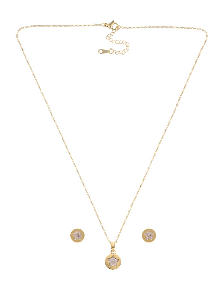 Collar y Aretes Chapa Estrella Circulo Cristal Dorado