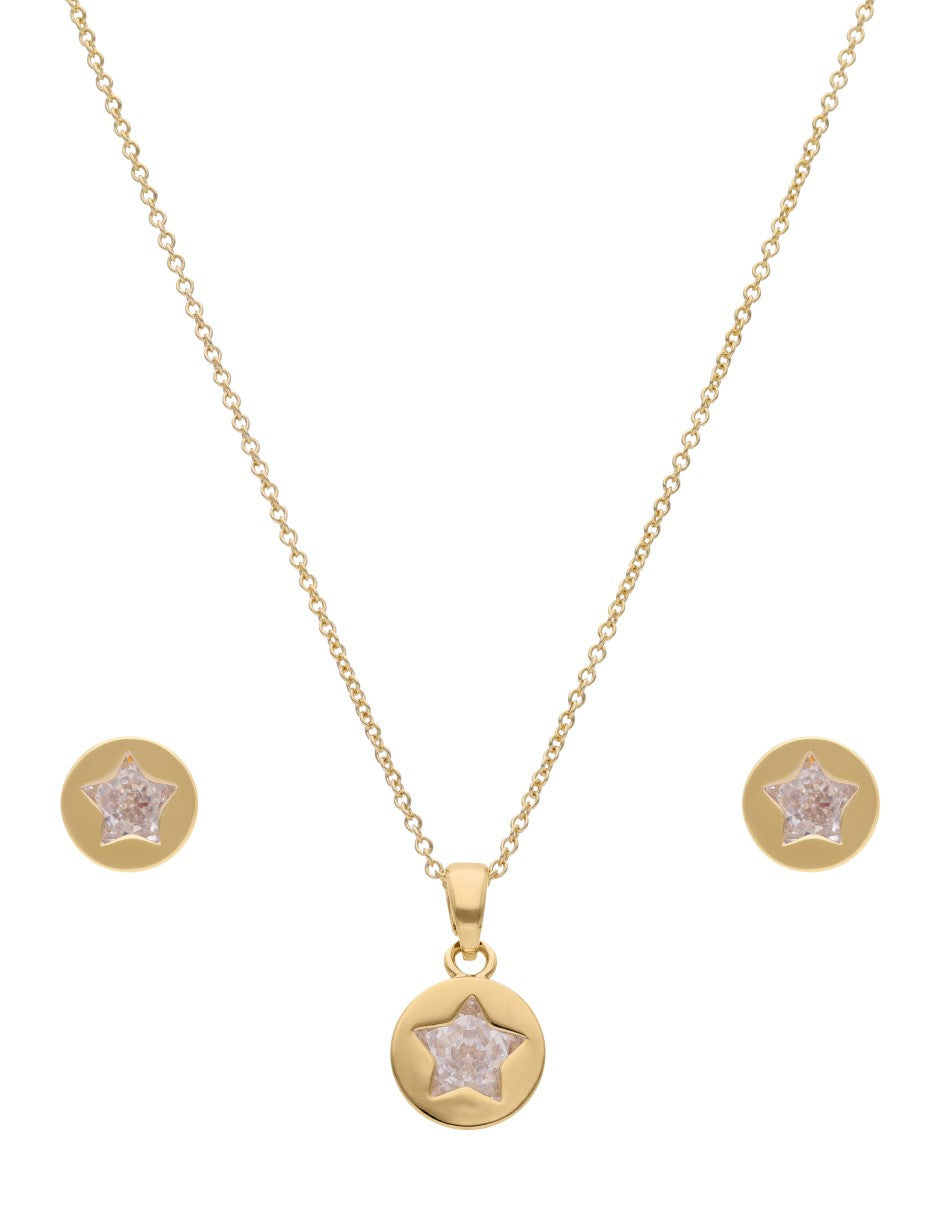 Collar y Aretes Chapa Estrella Circulo Cristal Dorado